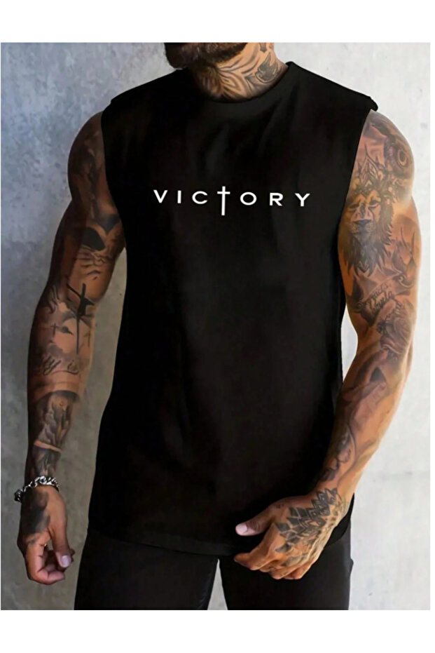 Printed Black Men's Cotton Training Athlete Tank Top Oversize Sleeveless T-Shirt