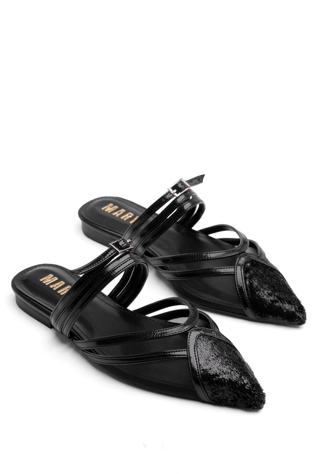 Women's Beige Furry Mesh Detailed Open Back Slippers Ballerinas