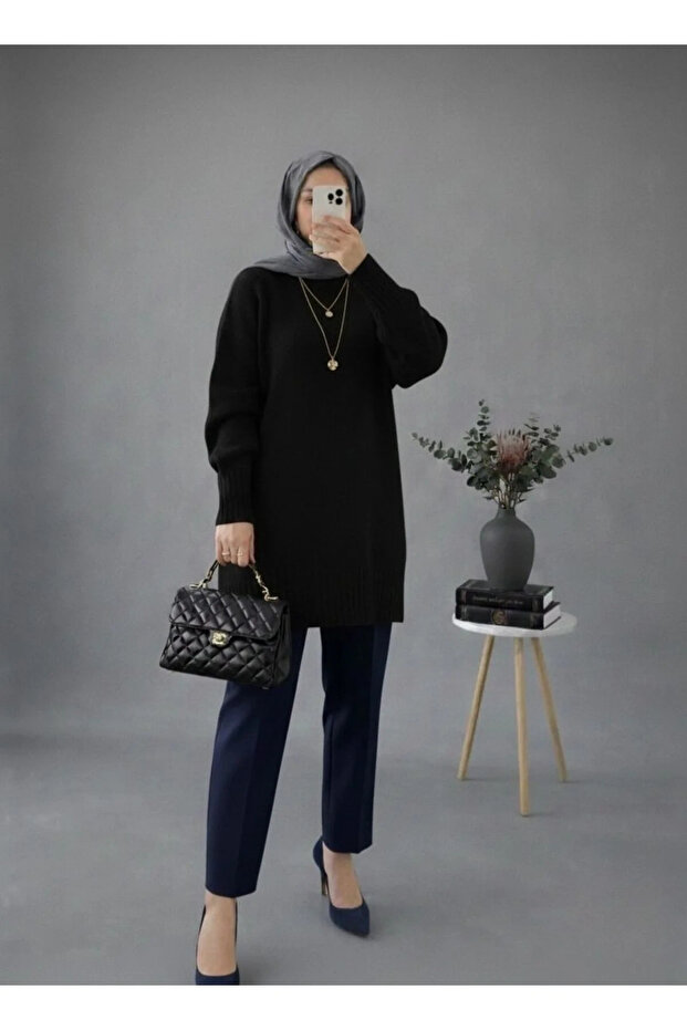 Women's Black Crew Neck Long Balloon Sleeve Oversize Soft Knitwear Tunic Sweater