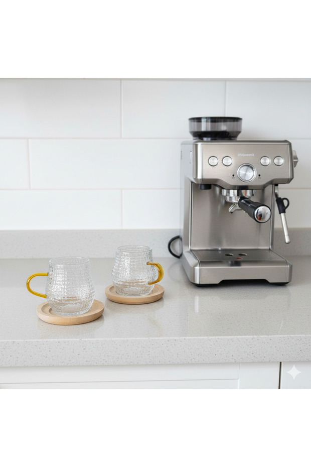 Set of 2 Bamboo Base Glass Cups Coffee