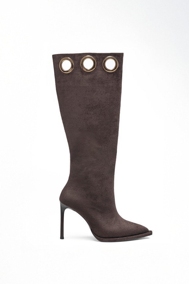 Brown Suede Boots, Thin-Heeled, Below-The-Knee Women's Boots – with Gold Ring Detail