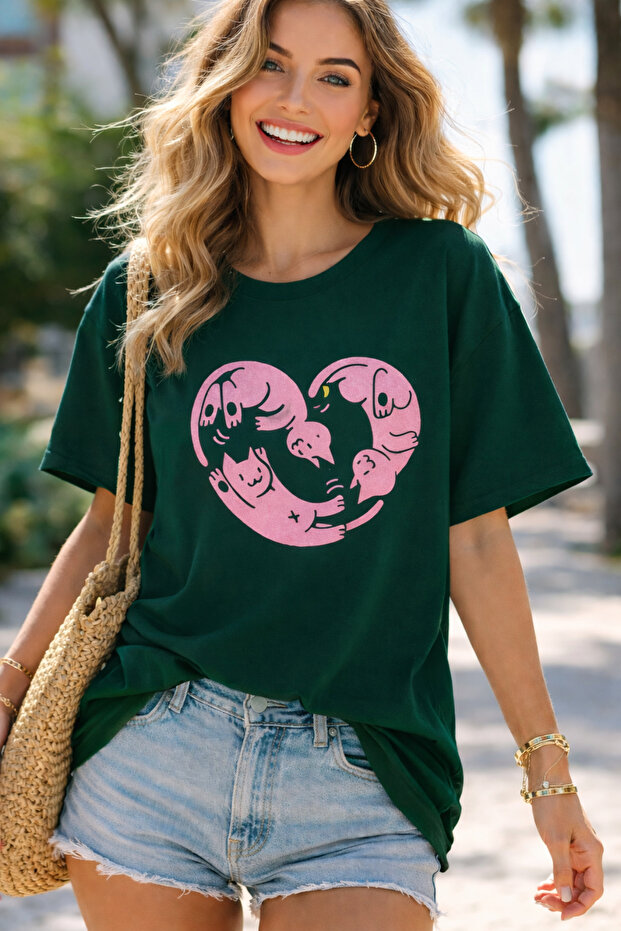 Cat Heart Printed Cotton Relaxed Fit Round Neck Unisex T-Shirt