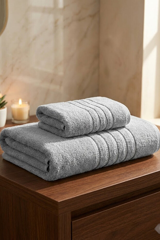 2-Piece Luxury Bath & Hand Towel Set | 100% Cotton Soft Textured Striped | Hamam Seti |