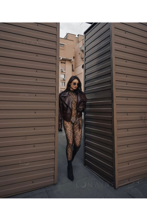 Kadın Leopar Eldivenli Boydan Tulum Çorap - 3