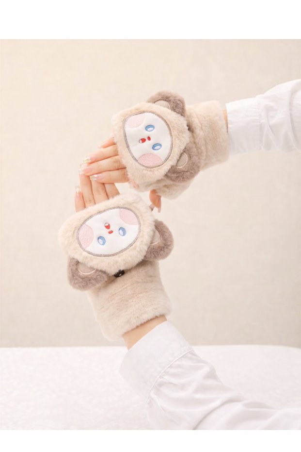 Plush Animal Figured Half-Finger Winter Gloves – Soft, Warm, and Adorable Design