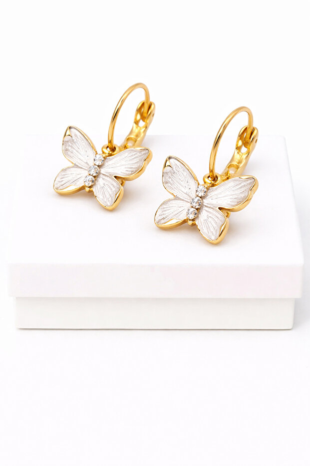 Butterfly Figured Stone Detailed High Quality Brass Dangle Earrings Elegant Design for Pierced Ears