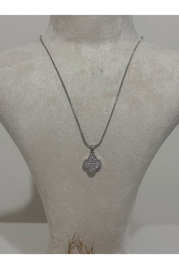 Taşlı Yonca Model Çelik Kolye - 4