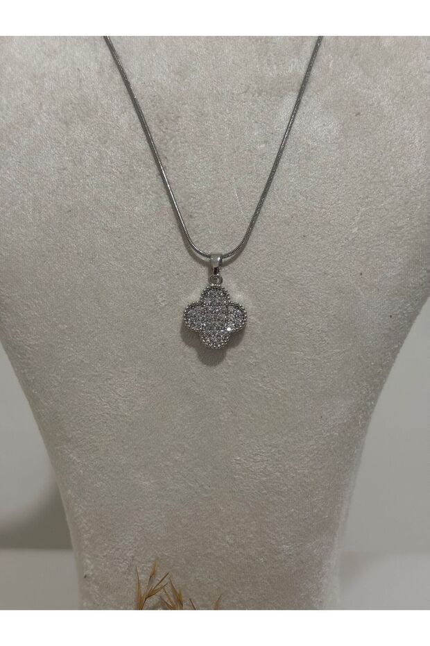 Taşlı Yonca Model Çelik Kolye - 5