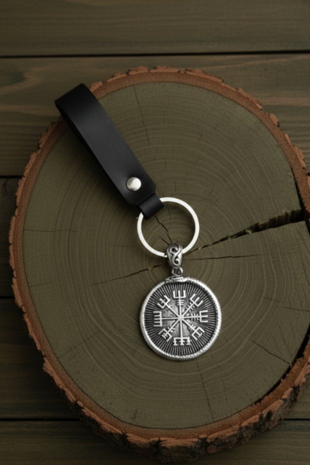 Vegvisir Design Real Leather Keychain Black Genuine Leather Keychain Fashion Keychain