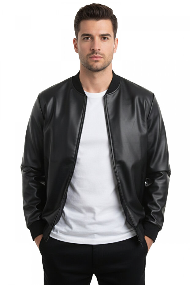 Black Stone Embellished Slim Fit Faux Leather Men's Jacket / Coat – College Collar & Ribbed 2600931
