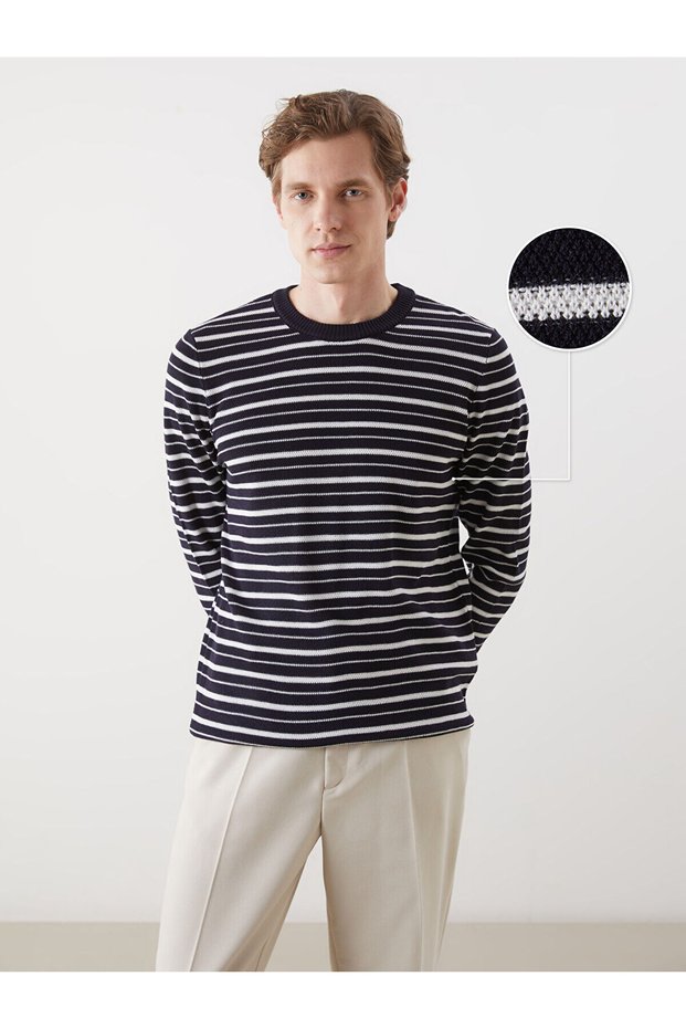 Ozmarka New Season Crew Neck Striped Men's Textured Knitwear Sweater