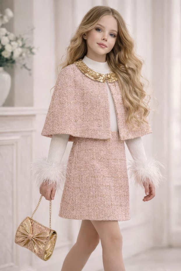 Girl's (Gold sequined bolero, sleeveless skirt, ribbed blouse, bag) Eid outfit
