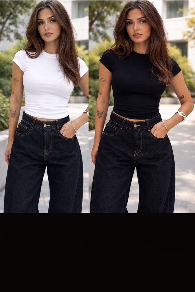 Women's Black and White Crew Neck Lycra Watermelon Sleeve Blouse Summer Crop Stretchy Fabric T-Shirt