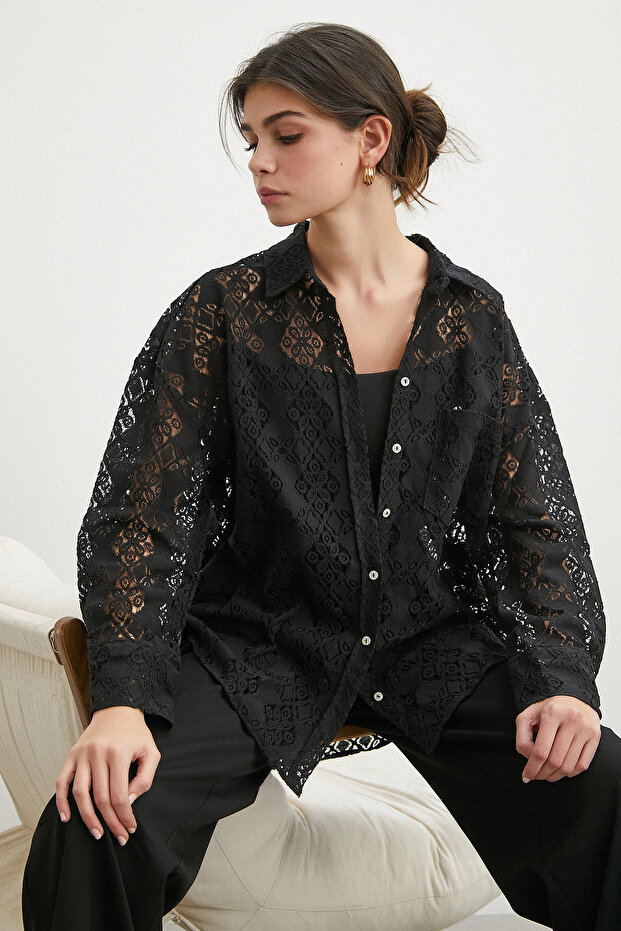 Cepli Dantel Gömlek Siyah - 2