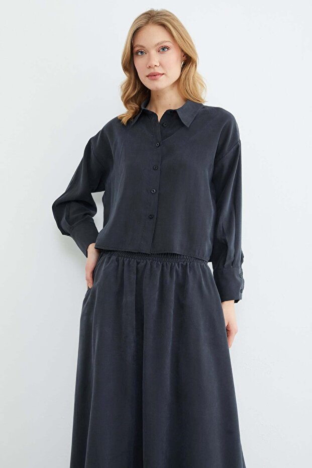 Basic Düğmeli Salaş Crop Gömlek - 4