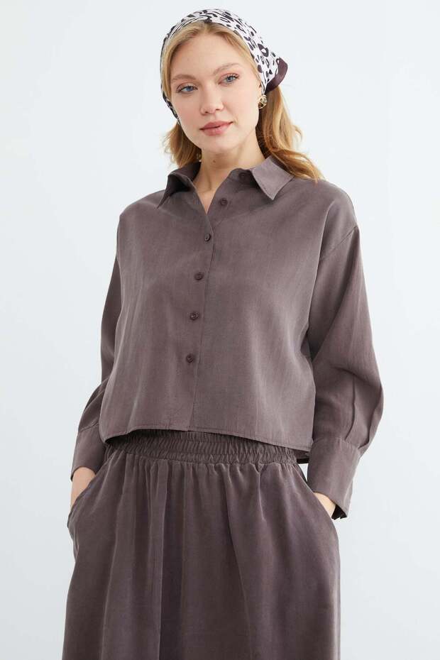 Basic Düğmeli Salaş Crop Gömlek - 1