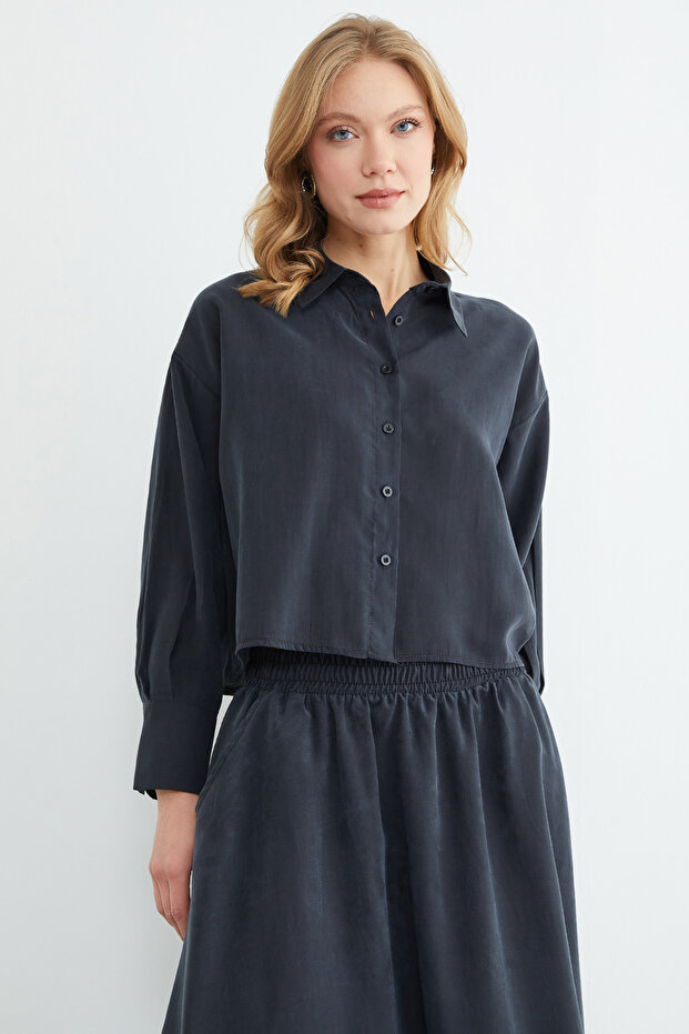 Basic Düğmeli Salaş Crop Gömlek - 6