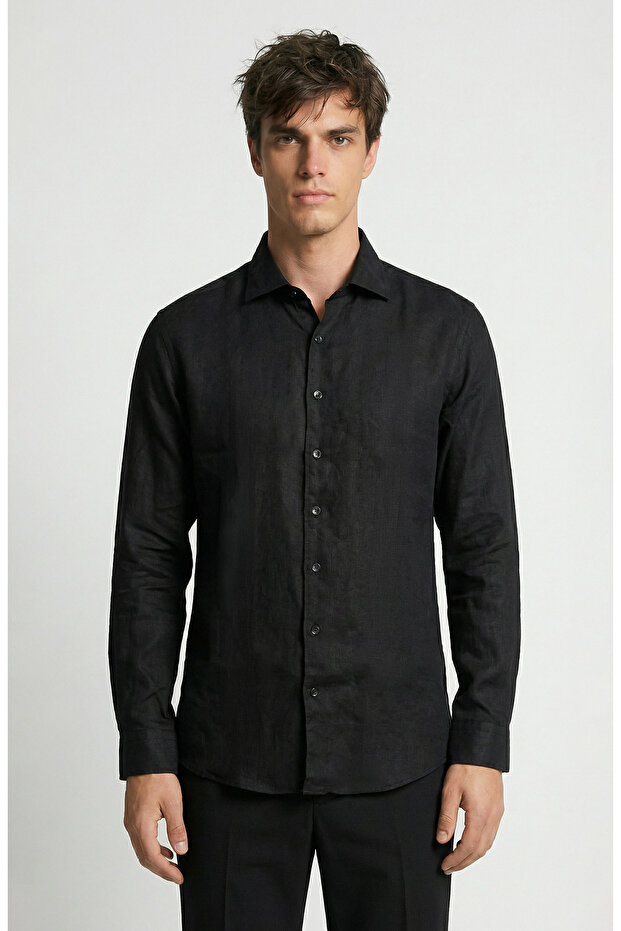 Siyah Keten Gömlek - 1