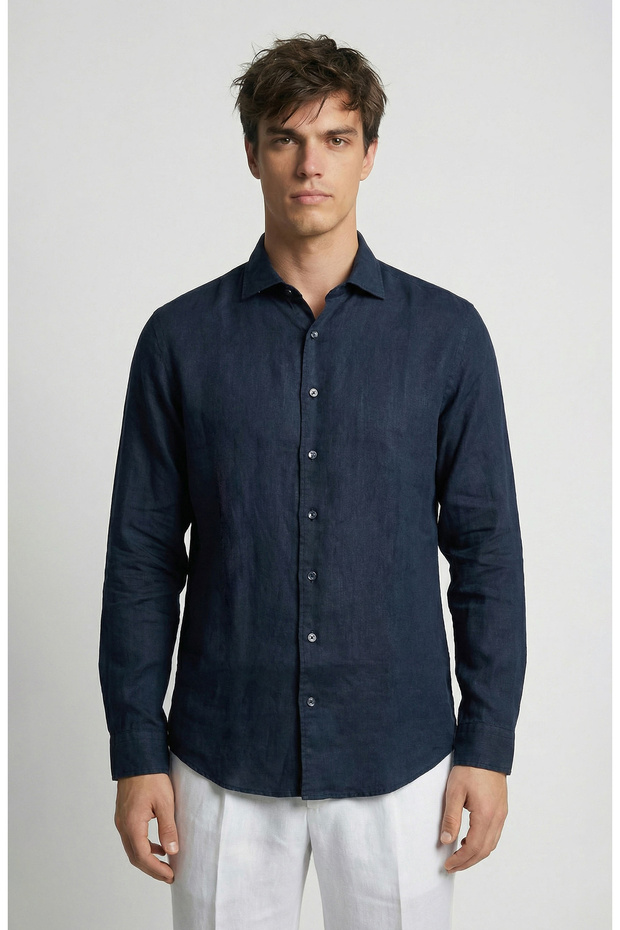 Lacivert Keten Gömlek - 1