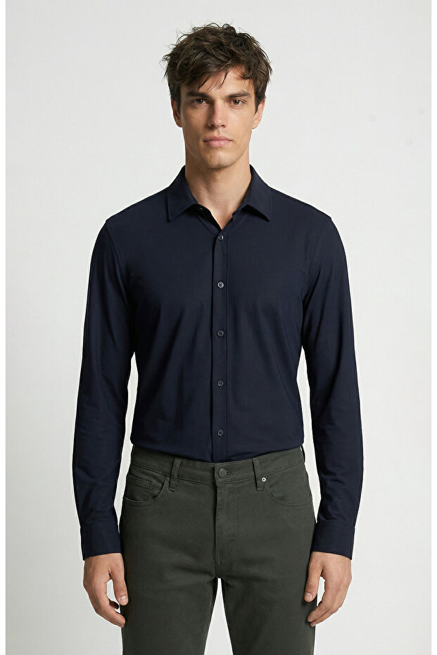 Lacivert Uzun Kollu Teknik Örme Gömlek - 1