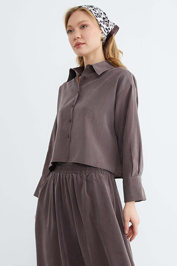 Basic Düğmeli Salaş Crop Gömlek - 4