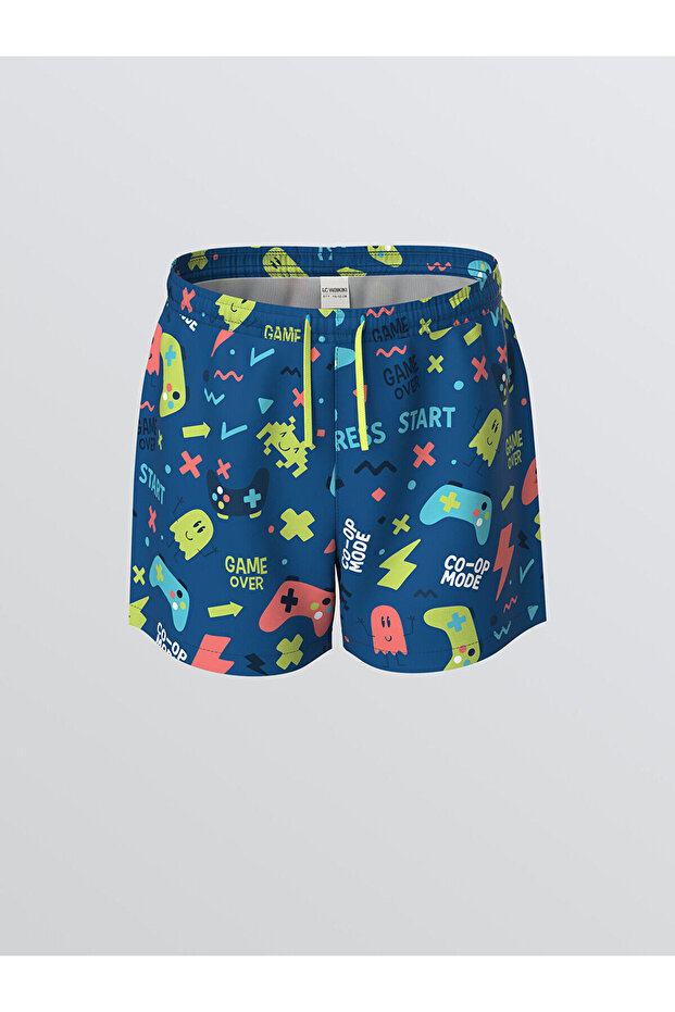 Lcw Kids Navy Blue Printed Boys' Swim Shorts with Elastic Waist