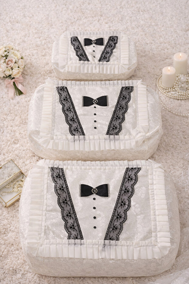 3-Piece Groom Figure French Guipure Dowry Bundle Promise Engagement Bride Groom Pouch Set