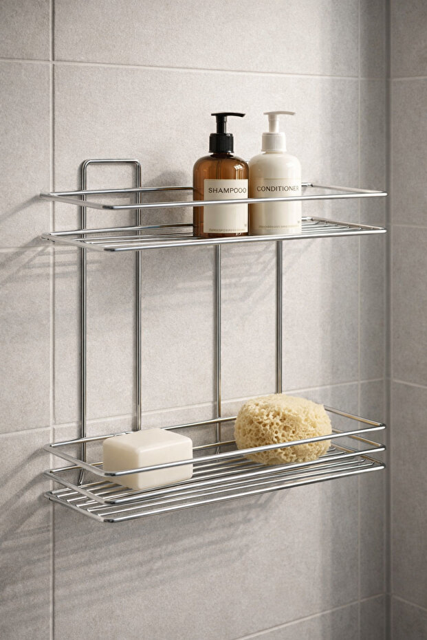 Lifetime Stainless Wall Adhesive 2 Tier Bathroom Flat Shampoo Dispenser Organizer Chrome