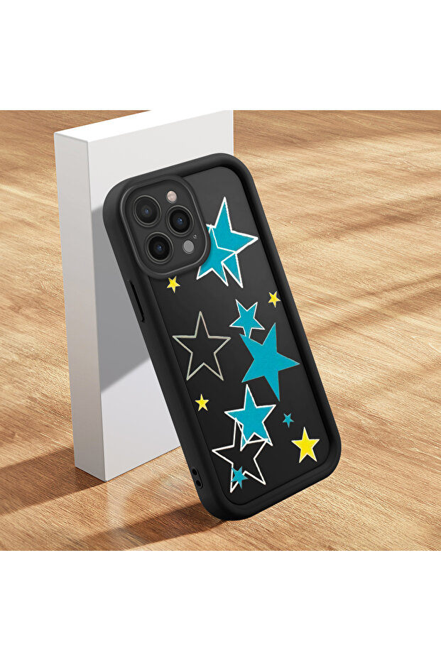 حافظة من السيليكون متوافقة مع هاتف iPhone 15 Pro، مقاومة للصدمات، لون أسود، بنمط نجمة. - 4