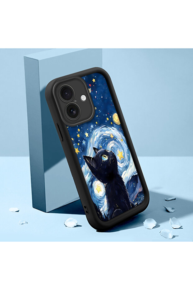 حافظة من السيليكون متوافقة مع هاتف iPhone 16، مقاومة للصدمات، لون أسود، نمط قطة - 3