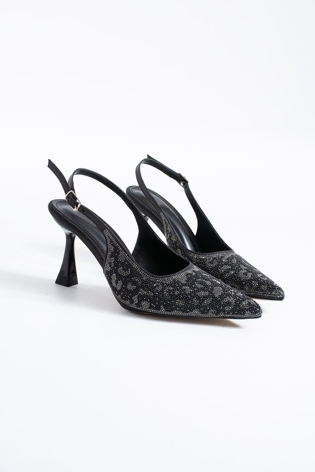 Elfirte Floral Stone Women's Evening Dress Heeled Shoes Black