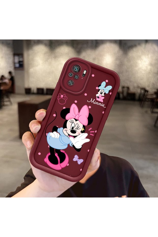 Redmi Note 10 4g Compatible Claret Red Silicone Shockproof Case with Lens Protection and Mickey Pattern
