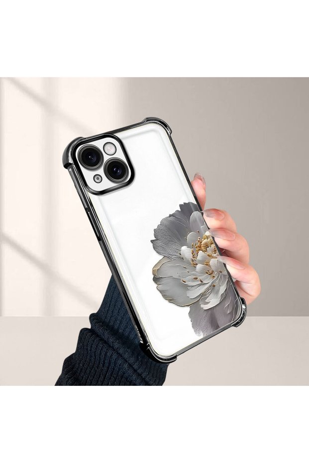 iPhone 15 Compatible, Peony Flower Patterned Four-Corner Impact Protection Phone Case