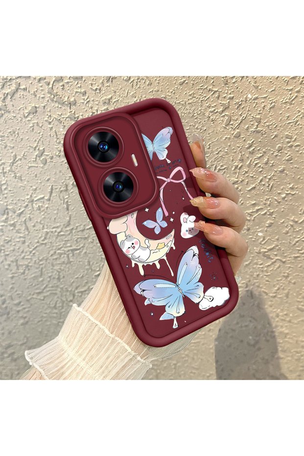 Realme C55 Compatible Claret Red Silicone Shockproof Lens Protected Bow Pattern Case