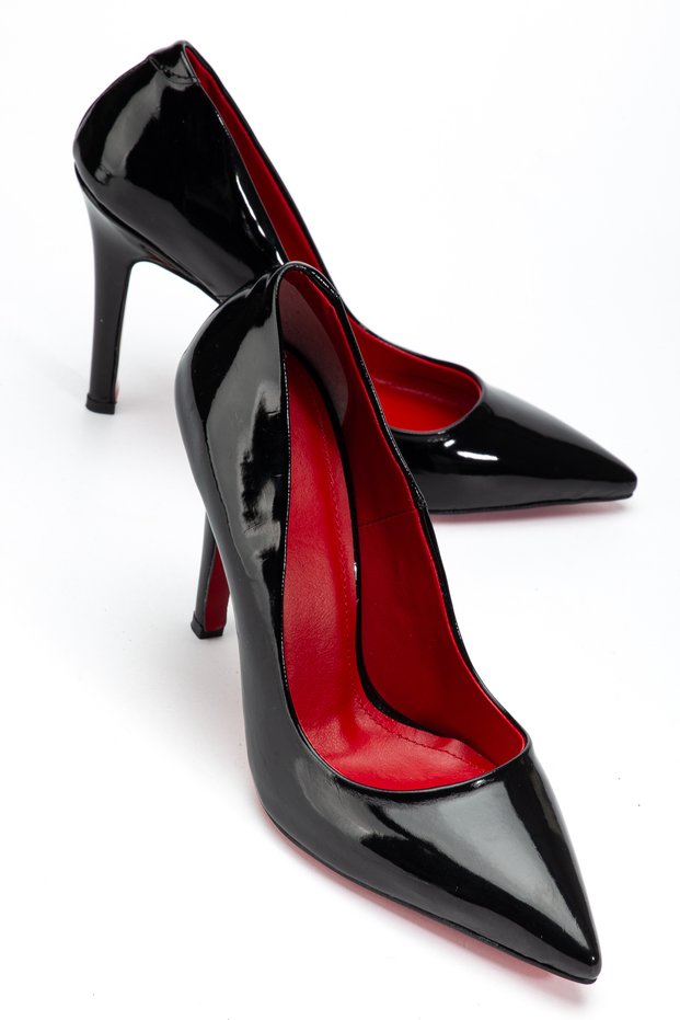 Women's Black Patent Leather Red Sole Heeled Stiletto Model Classic Heeled Shoes 12cm