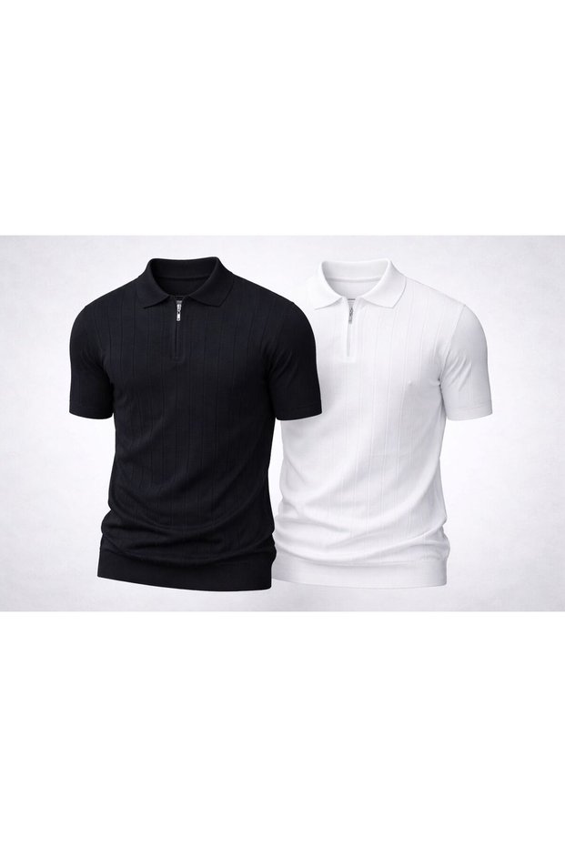 Set of 2 Polyoya Zipper Textured Men's Knitwear T-Shirts, Comfortable Quality Cotton T-Shirts