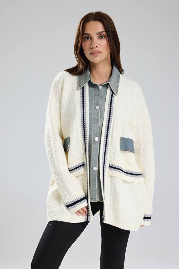 Women's Denim Fabric Garnished Long Sleeve Design Jacket Cardigan