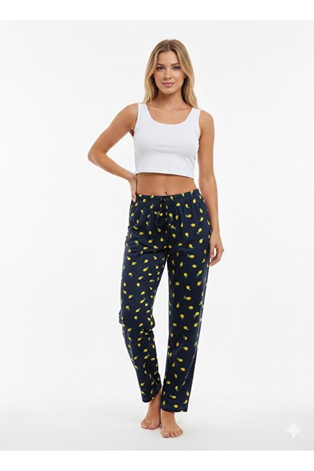 Women's Navy Blue Lemon Patterned Ribbon Pajama Bottoms, Cotton Soft Texture