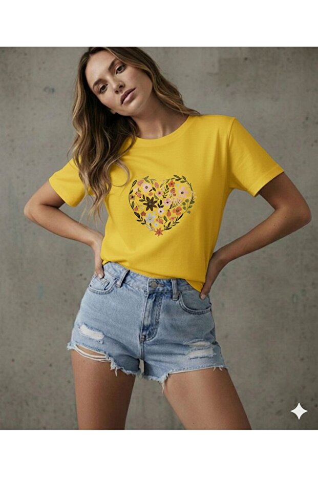 Heart and Tulips Printed Women's Crew Neck Tshirt