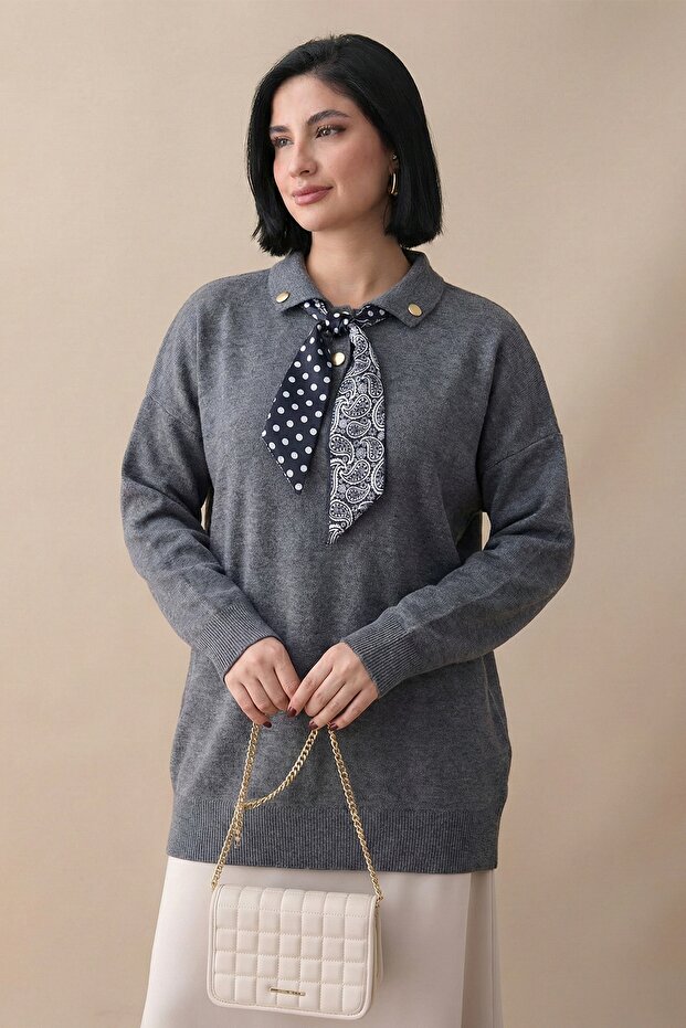 Fularlı Triko Gri Tunik - 3