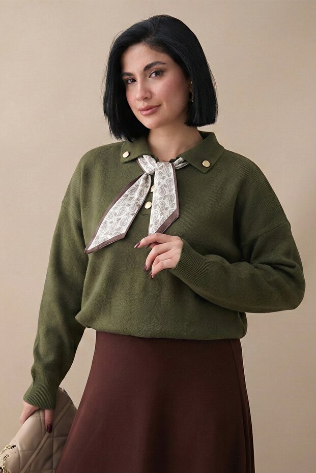 Fularlı Triko Haki Tunik - 3