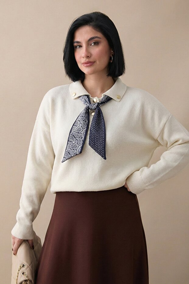 Fularlı Triko Ekru Tunik - 5