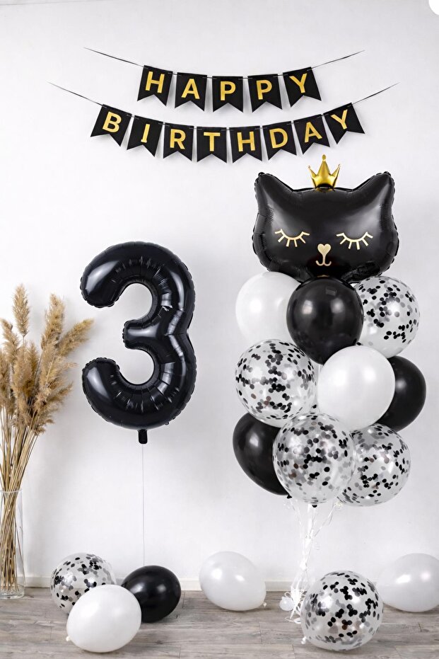 3 Year Old Cat Themed Birthday Balloon Set – Black Concept