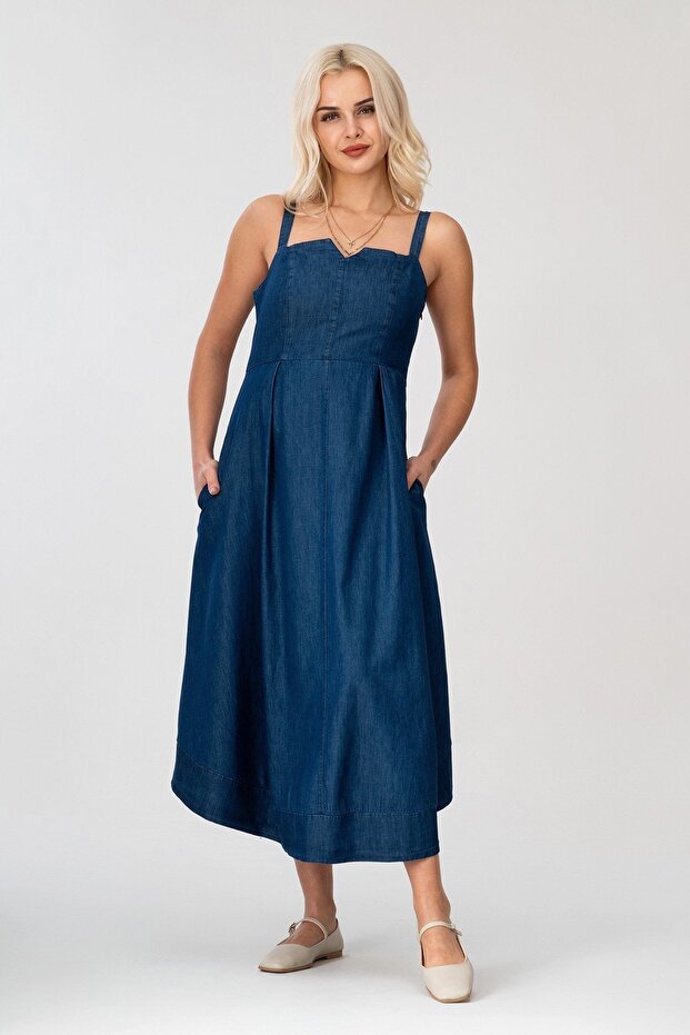 Women's Denim Fabric Strap Dress with Hidden Zipper Pockets