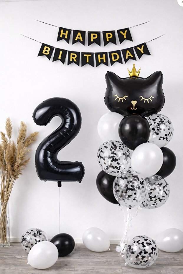 2 Year Old Cat Themed Birthday Balloon Set – Black Concept