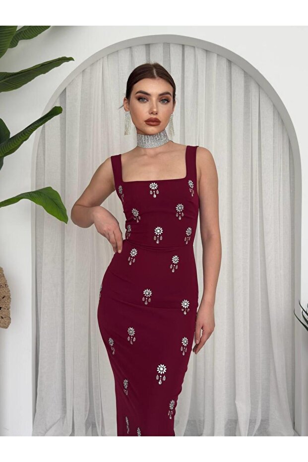 Square Collar Stone-Embellished Dress Burgundy