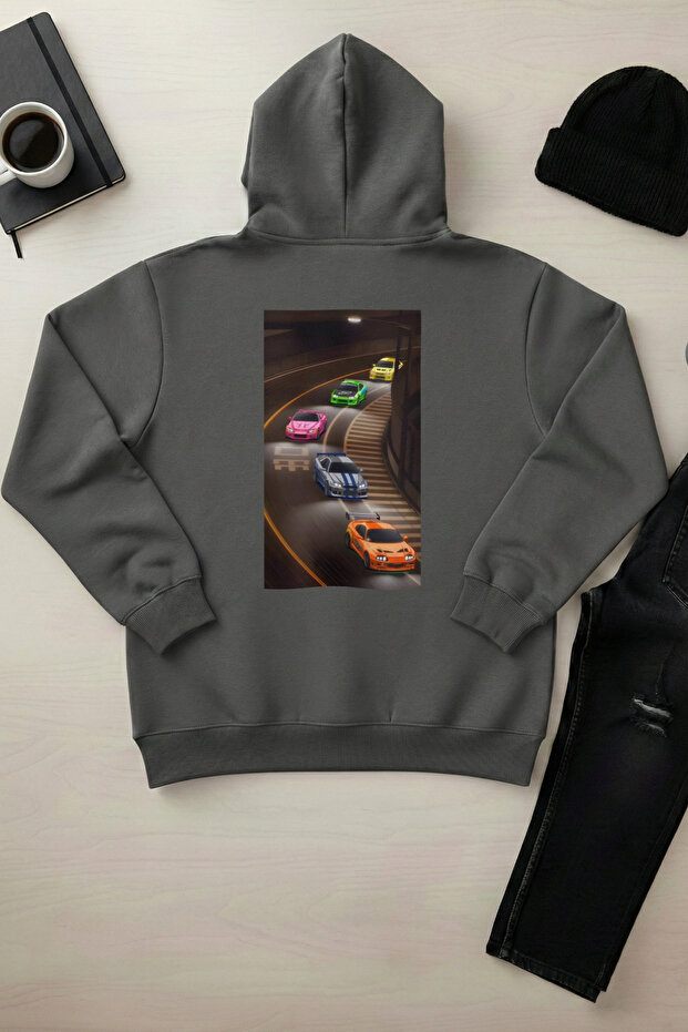 Five Cars - Unisex Hooded Kangaroo Pocket 3 Thread Puff (with Fleece Inside) Sweatshirt