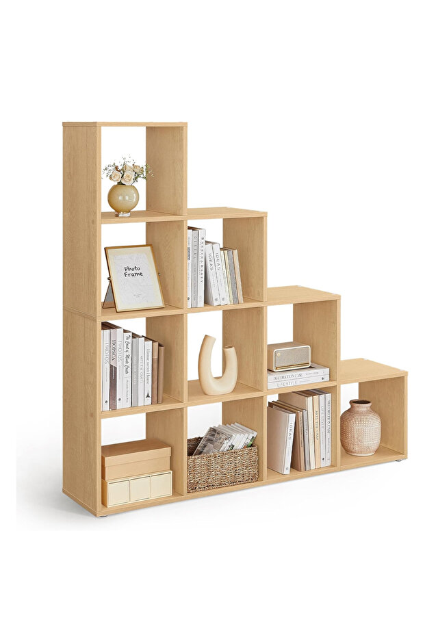 VASAGLE 10 Cube Wooden Storage Unit with Staircase Design Freestanding Bookcase - Natural Davos Oak