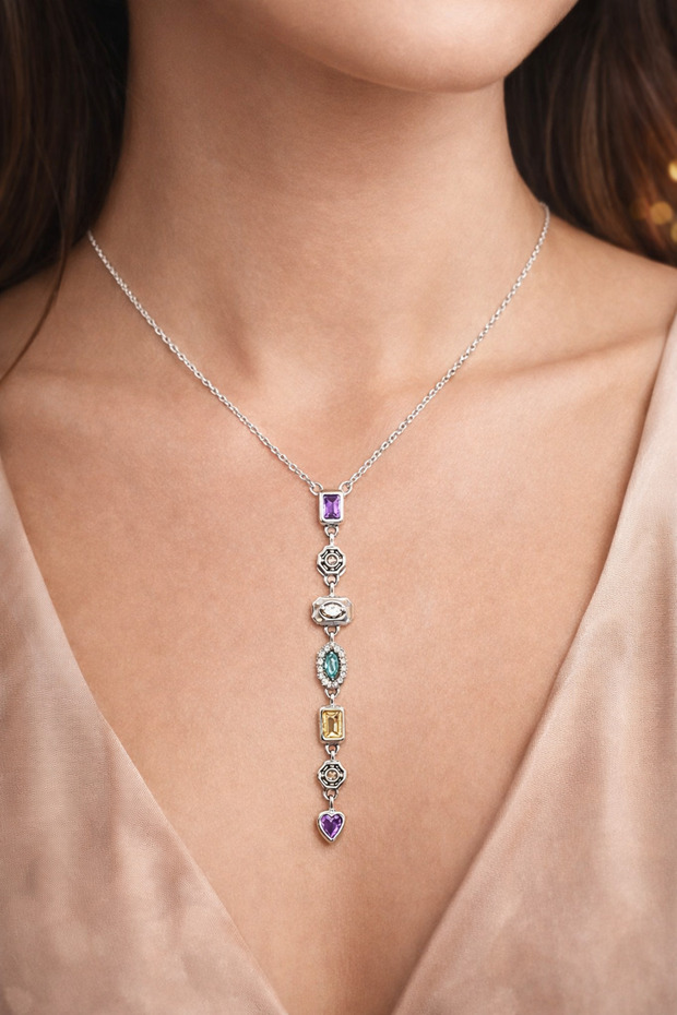 Steel Necklace with Colorful Zircon Stone Dangle Silver Color Stainless Steel Necklace