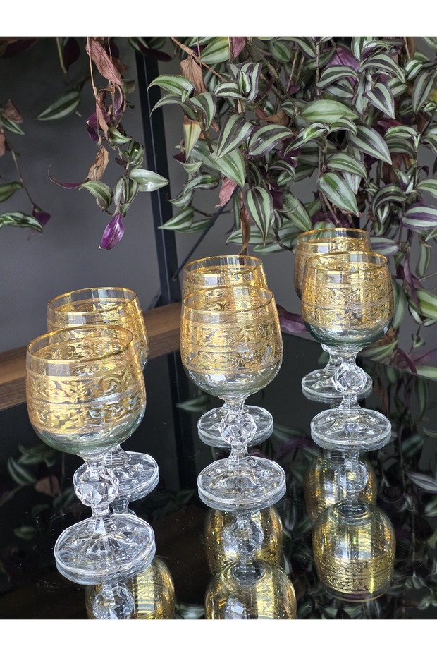 Handmade Crystal Alda Green Lustered 24K Gold Engraved 6-Piece Presentation Coffee Water Glass 150Cc